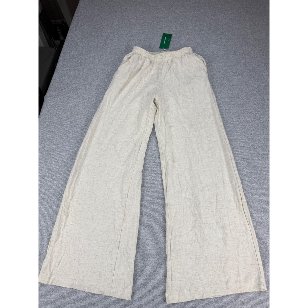 Shein EZwear Womens XS Beige Linen Blend Wide Leg Elastic Waist Pants New